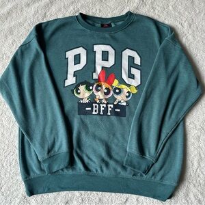 Cartoon Network The Powerpuff Girls BFF Women's S Teal Green Graphic Sweater Y2K